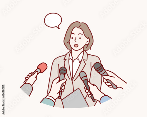 Interview concept. woman with microphones. Popular person, presenter,celebrity, political gives comments and opinions for breaking tv news program report. Hand drawn style vector design illustrations.