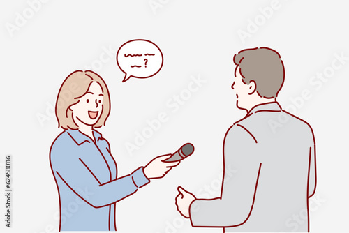 Tv Reporter Female Character Holding Microphone Presenting Breaking News for Mass Media Industry. Hand drawn style vector design illustrations.