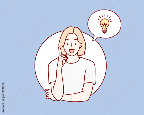 woman thinking. Light bulb with gears over head. Hand drawn style vector design illustrations.