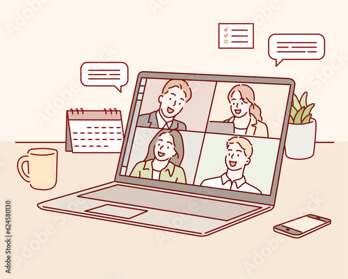 Stay and work from home. Video conference illustration. Workplace, laptop screen, group of people talking by internet. Hand drawn style vector design illustrations.