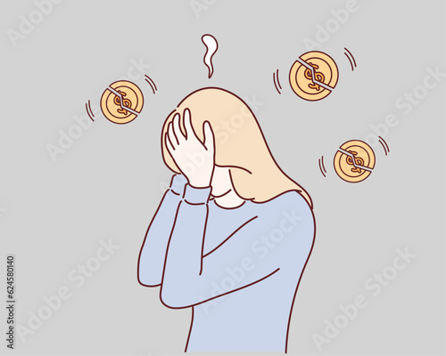 economy crisis composition with  money symbols and woman having financial problems. Hand drawn style vector design illustrations.
