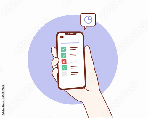 Hand holding mobile smart phone with сhecklist app. Successful completion of business tasks. Hand drawn style vector design illustrations.