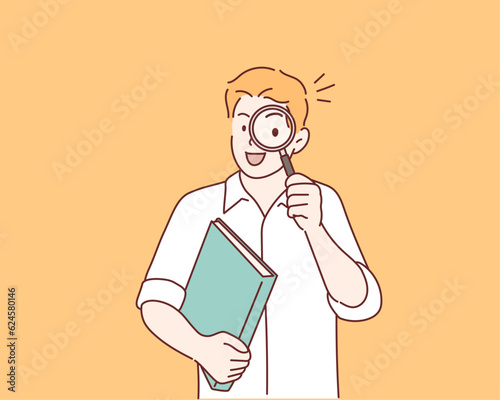 man holding a book and a magnifying glass. Hand drawn style vector design illustrations.