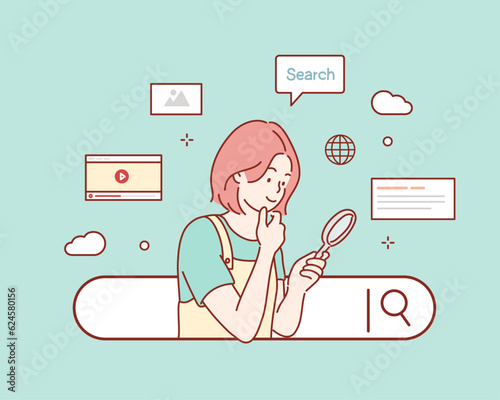 woman examines through a magnifying glass with search engine button. Hand drawn style vector design illustrations.