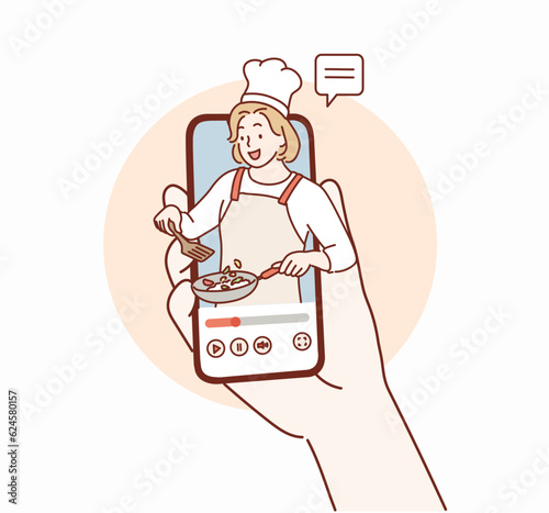 Woman chef cook at smartphone screen. It's metaphor for recipe book apps. Hand drawn style vector design illustrations.