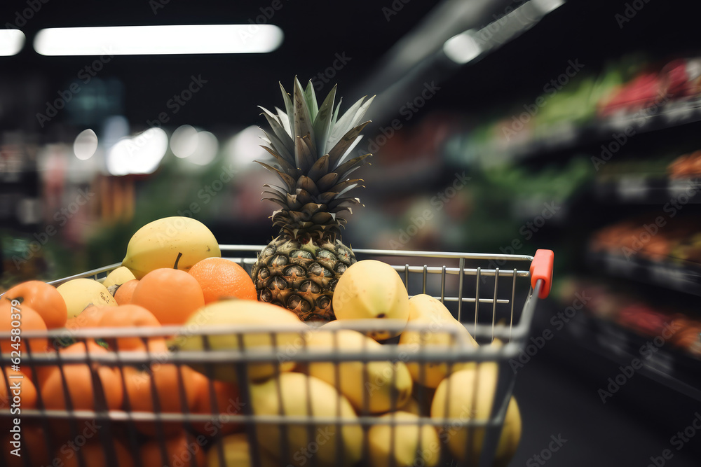 shopping trolley full with vegetables and fruits on supermarket background, generative AI
