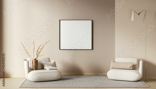 Living room interior with mockup frame background,3D Render © Pikbundle