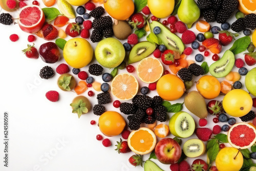 top view of fresh fruits  vegetables and berries on white background  generative AI