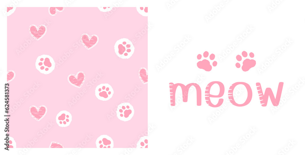 Seamless pattern with paw print and cute heart on pink background. Hand drawn fonts and pink paw print icon sign isolated on white background vector illustration.