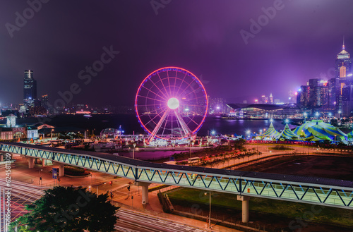 country skyline at night with Hong Kong Observation Wheel