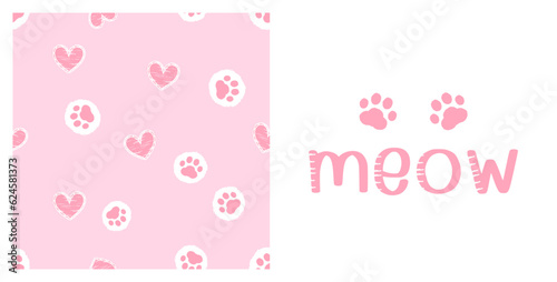 Seamless pattern with paw print and cute heart on pink background. Hand drawn fonts and pink paw print icon sign isolated on white background vector illustration.