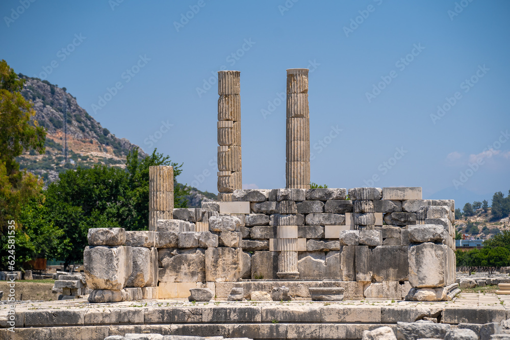 Columns ruins of Leto Temple in Letoon ancient city. Letoon was the religious centre of Xanthos and the Lycian League.