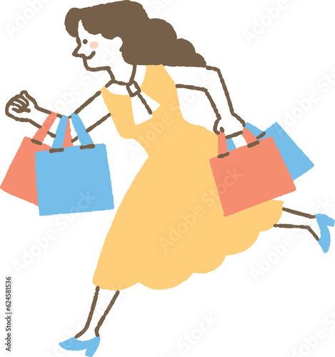 買い物袋を持ってダッシュする女性_色