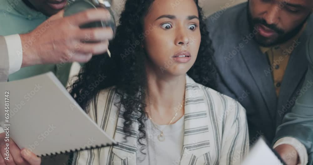 Business woman, documents and overwhelmed with busy staff, frustrated and shock with deadline, stress or anxiety. Female ceo, leader or boss with employee group, notification and schedule in office