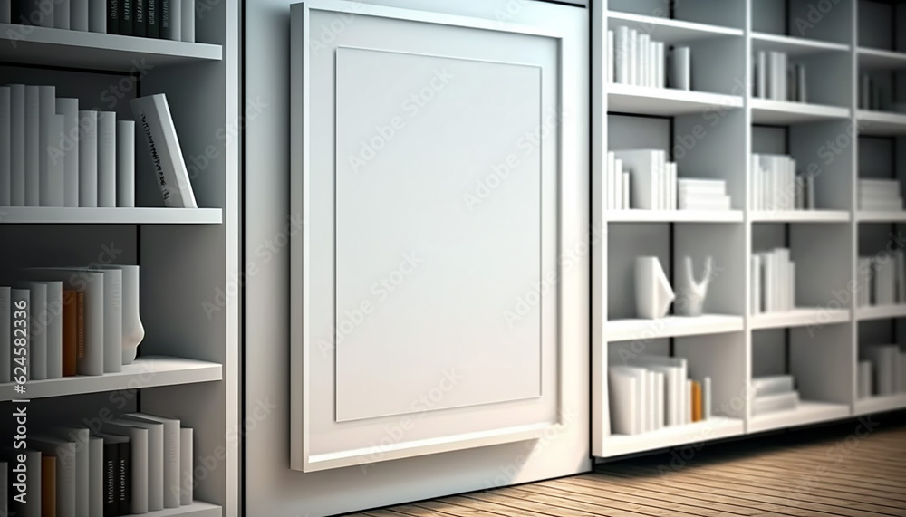 White poster on a wall with blank frame mockup. Generative AI. White poster on a wall with blank frame mockup. Generative AI.