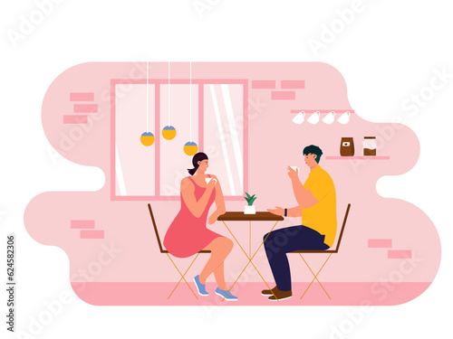 Coffee shop vector illistration. Coffee shop flat illustration. Shops fronts on street.Street cafe. City cafe. Summer urban spring landscape. Flat design concept.