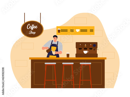 Coffee shop vector illistration. Coffee shop flat illustration. Shops fronts on street.Street cafe. City cafe. Summer urban spring landscape. Flat design concept.