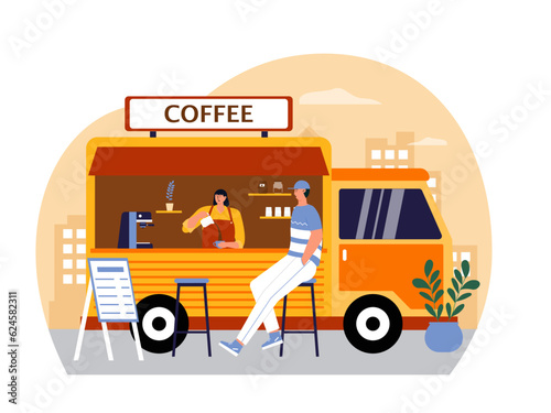 Coffee shop vector illistration. Coffee shop flat illustration. Shops fronts on street.Street cafe. City cafe. Summer urban spring landscape. Flat design concept.
