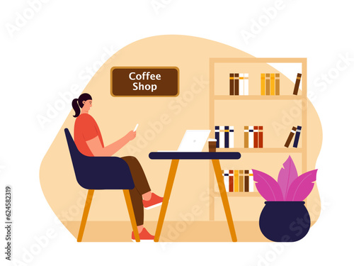 Coffee shop vector illistration. Coffee shop flat illustration. Shops fronts on street.Street cafe. City cafe. Summer urban spring landscape. Flat design concept.