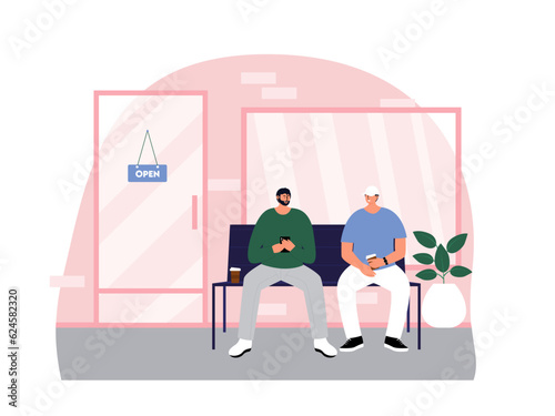 Coffee shop vector illistration. Coffee shop flat illustration. Shops fronts on street.Street cafe. City cafe. Summer urban spring landscape. Flat design concept.