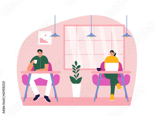 Coffee shop vector illistration. Coffee shop flat illustration. Shops fronts on street.Street cafe. City cafe. Summer urban spring landscape. Flat design concept.