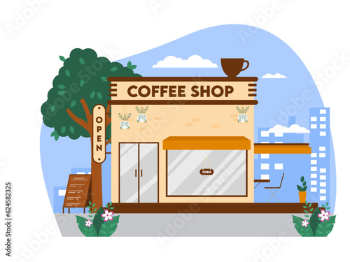 Coffee shop vector illistration. Coffee shop flat illustration. Shops fronts on street.Street cafe. City cafe. Summer urban spring landscape. Flat design concept.