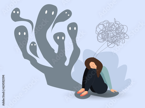 Fear attack concept girl sitting on floor and struggling with inner fears and psychological disorders problems with mental health and psychology. phobia Cartoon flat vector illustration.