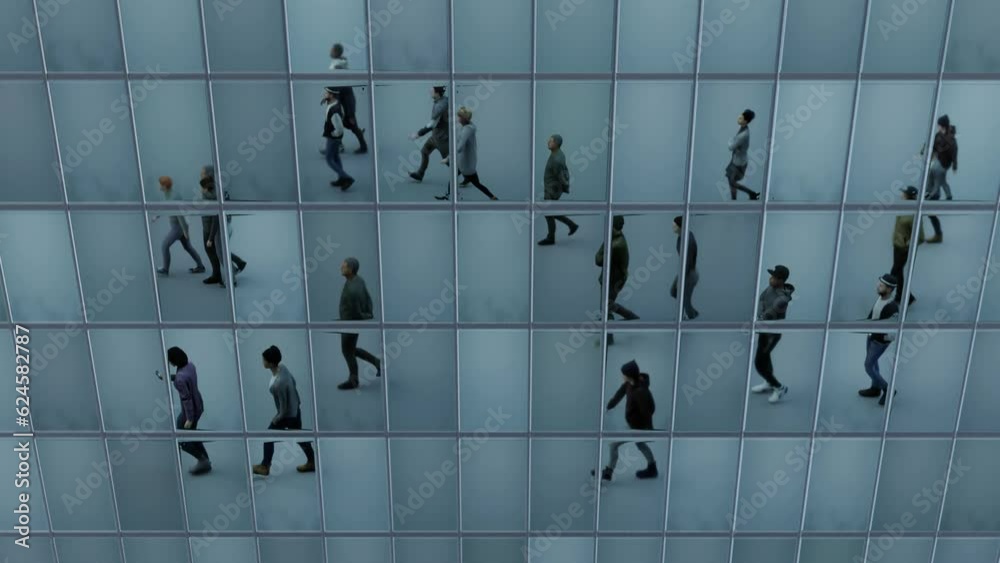 People walk in the same direction and are reflected in the mirrored windows of the skyscraper.