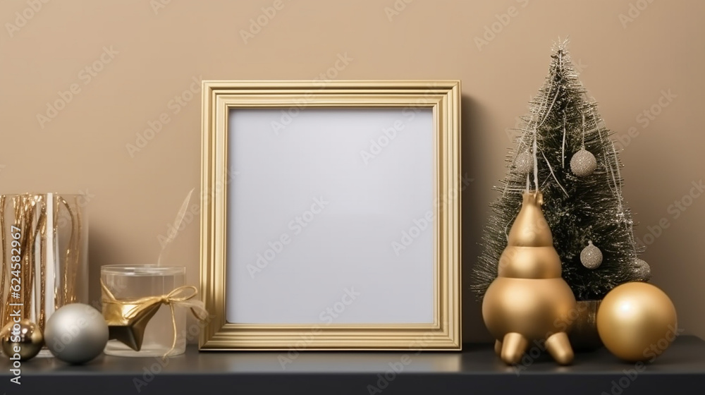 Mockup golden frame with Christmas decor on cupboard. Generative AI. Mockup golden frame with Christmas decor on cupboard. Generative AI.