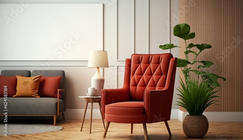 Warm toned living room interior wall mockup. Generative AI.