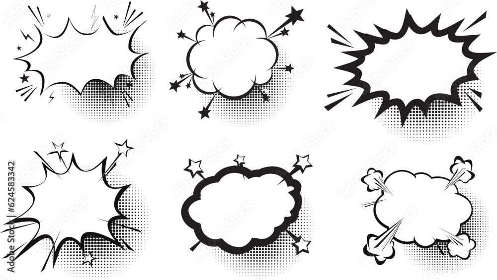Blank comic bubbles and elements with black shadows in pop art style. Comic speech. Abstract creative vector collection white blank bubble comic text. Dialog window. Blank white banner for sale.
