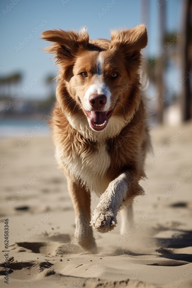 Cachorro correndo na praia feliz molhado divertido petshop pet areia mar verão diversão 