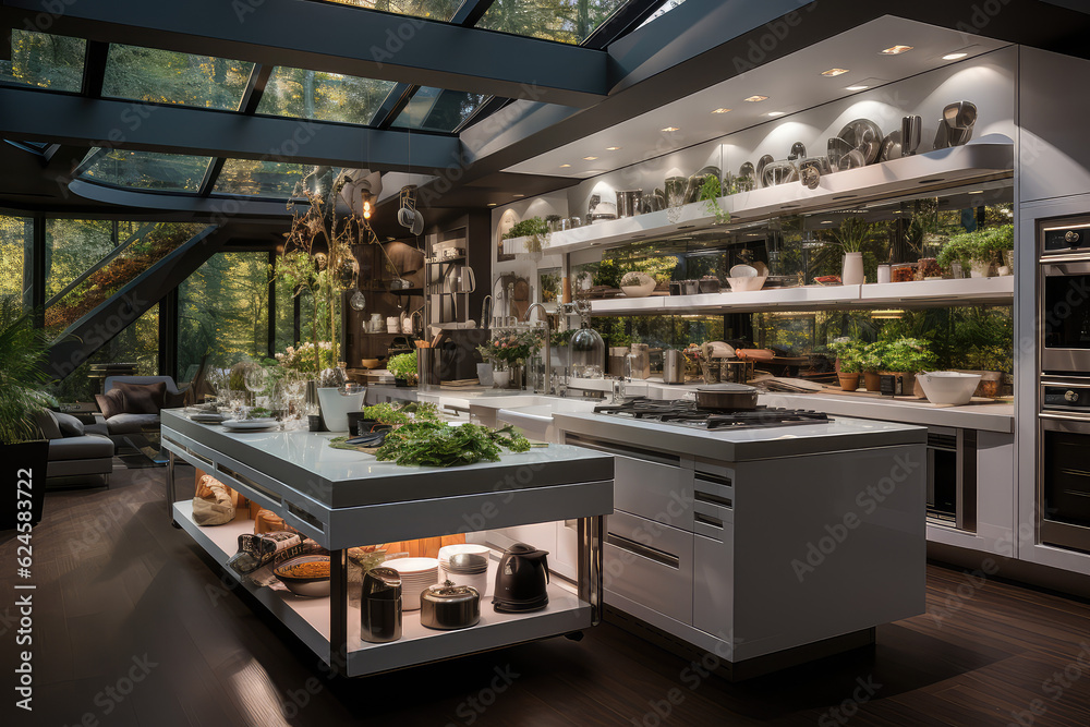 Modern and stylish interior design of a kitchen with a touch of luxury and elegance. Created with generative AI technology. Modern and stylish interior design of a kitchen with a touch of luxury and elegance. Created with generative AI technology.