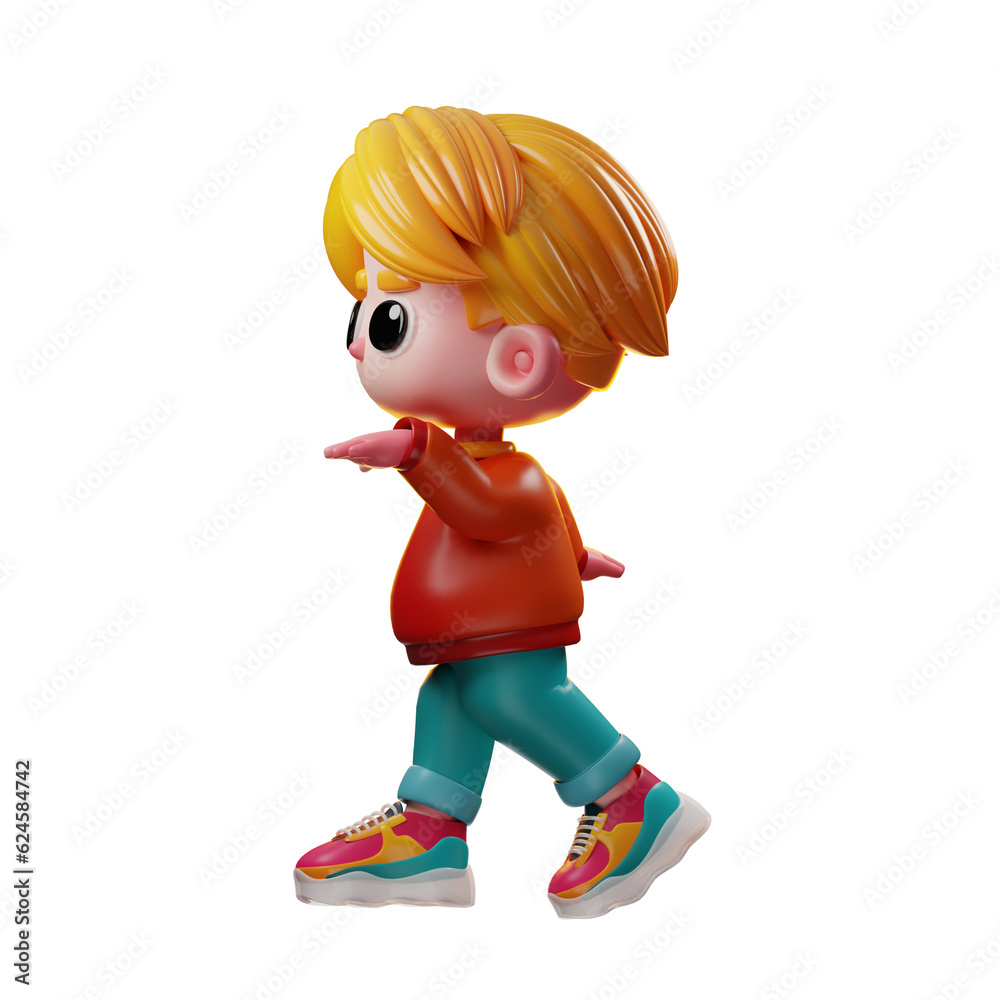 Stylish 3D Cartoon Illustration Showing A Man In A Pose Wearing Blue Jeans, An Orange Hoodie, And A Sneaker.