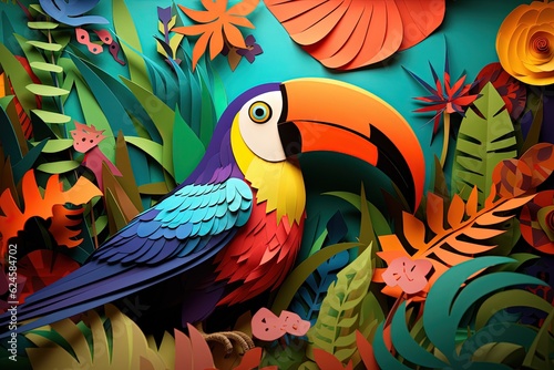 colorful Toco toucan, leaf background.- Kirigami style