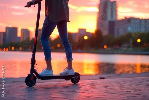 Young woman discover city at sunset with electric scooter or e-scooter. Generative AI © piai