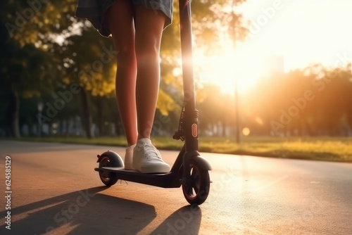 Young woman discover city at sunset with electric scooter or e-scooter. Generative AI