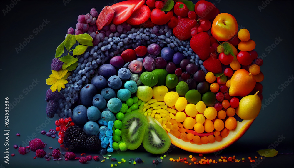 Beautiful multicolored composition made of different berries and fruits. Healthy organic food in rainbow colors, colorful fruit, Ai generated image
