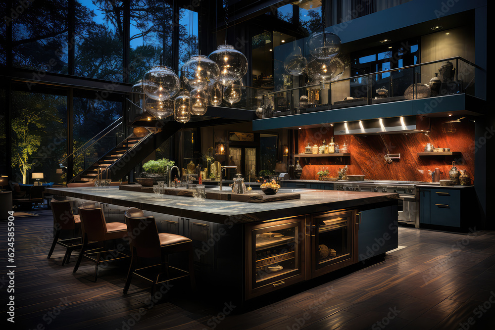 Modern and stylish interior design of a kitchen with a touch of luxury and elegance. Created with generative AI technology. Modern and stylish interior design of a kitchen with a touch of luxury and elegance. Created with generative AI technology.