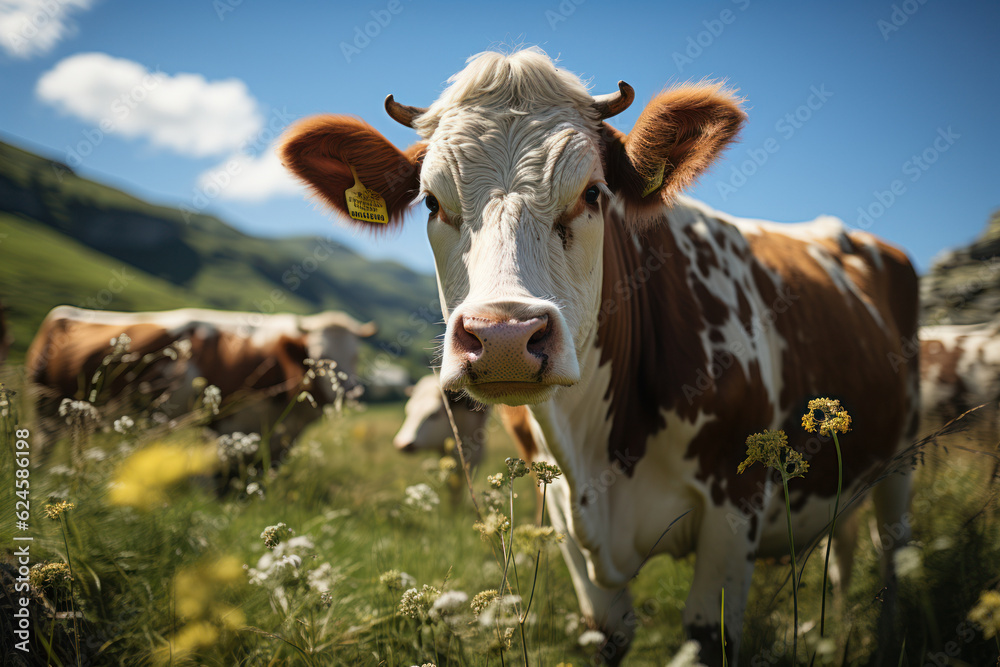 Majestic Grazing: A Serene Bull Roams the Pastoral Fields. Generative AI