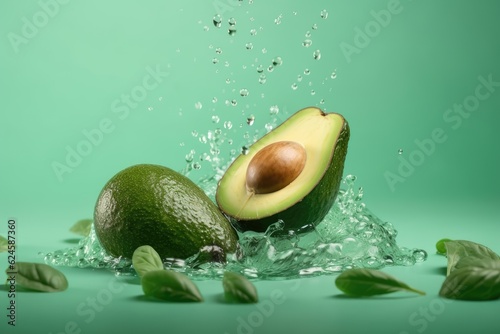 Fresh avocado cut into slices with water drops splash flying in the air. Generative AI