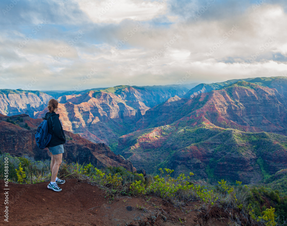 Female Hiker on The Cliff Trail, Waimea Canyon, State Park, Kauai ,Hawaii, USA
