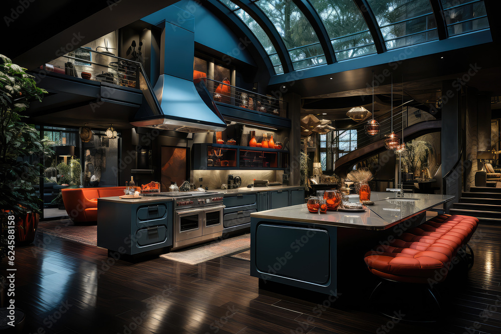 Modern and stylish interior design of a kitchen with a touch of luxury and elegance. Created with generative AI technology. Modern and stylish interior design of a kitchen with a touch of luxury and elegance. Created with generative AI technology.