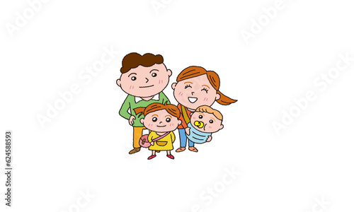 かわいい4人家族の手描きイラスト