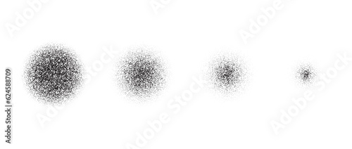Set of vanishing stippled circle texture. Black disappearing dotted gritty round element collection. Fading noise grain dot work shapes. Half tones and shadows affect illustration bundle. Vector pack