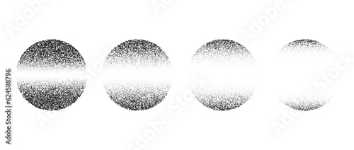 Set of textured linear gradient circles. Black dotted fading spheres collections. Stippled round elements pack. Vanishing noise grain dot work shapes. Halftone effect illustrations bundle. Vector 