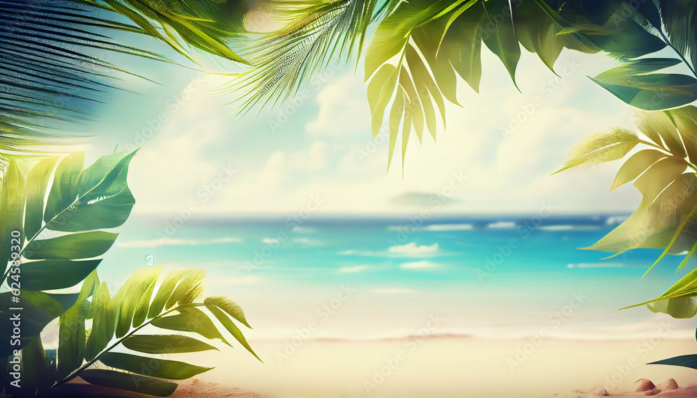 Beautiful summer time banner with tropical palm tree leaves and blurred ocean sandy coast, beach background, palm tree on the beach, Ai generated image