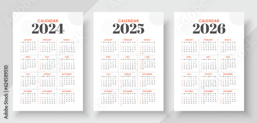 Calendar 2024, calendar 2024 and calendar 2026 week start Sunday corporate design planner template. Simple vertical calendar design template