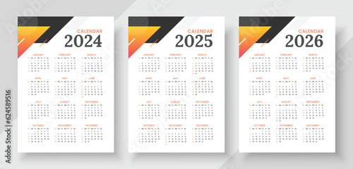 Calendar 2024, calendar 2024 and calendar 2026 week start Sunday corporate design planner template. Wall calendar in a minimalist style