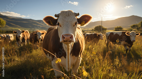 Majestic Grazing: A Serene Bull Roams the Pastoral Fields. Generative AI